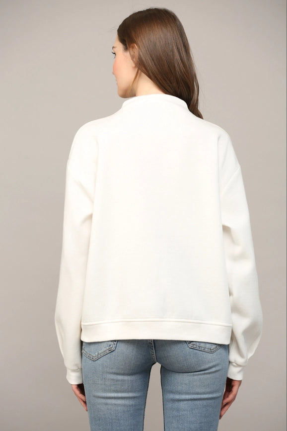 Zipper Trimmed Round Neck Sweatshirt CREAM