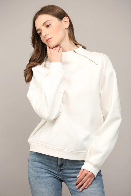 Zipper Trimmed Round Neck Sweatshirt CREAM