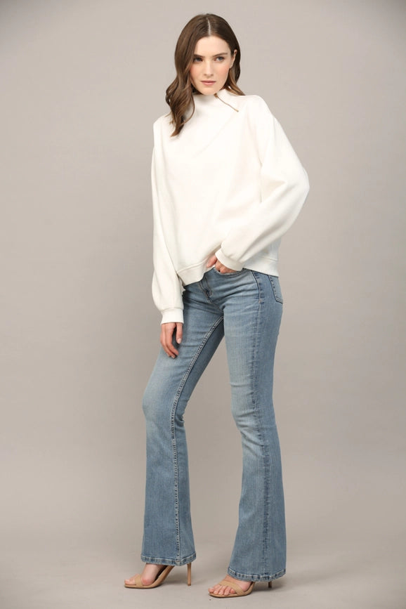 Zipper Trimmed Round Neck Sweatshirt CREAM