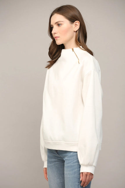 Zipper Trimmed Round Neck Sweatshirt CREAM