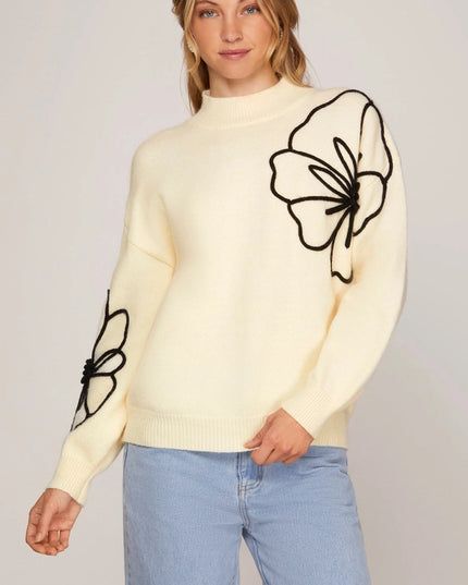 Sweater Top with Flower Embellishments CREAM