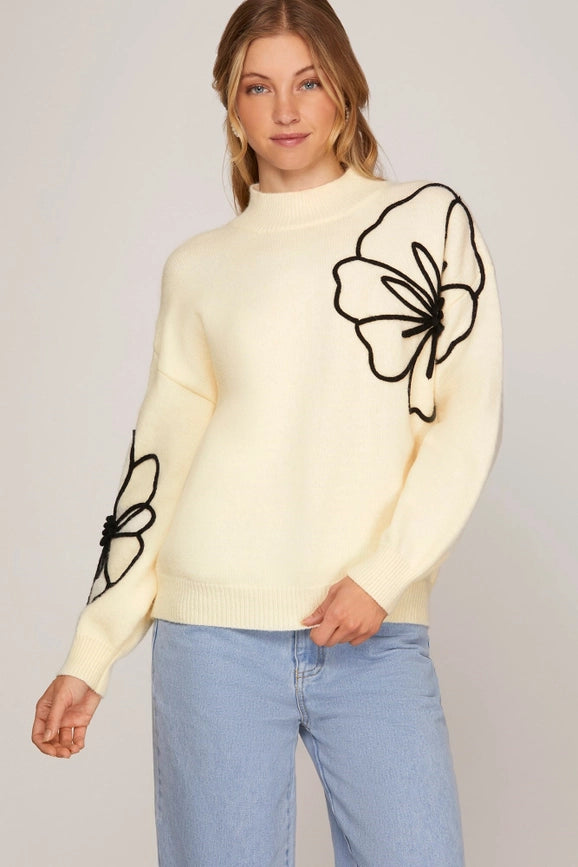 Sweater Top with Flower Embellishments CREAM