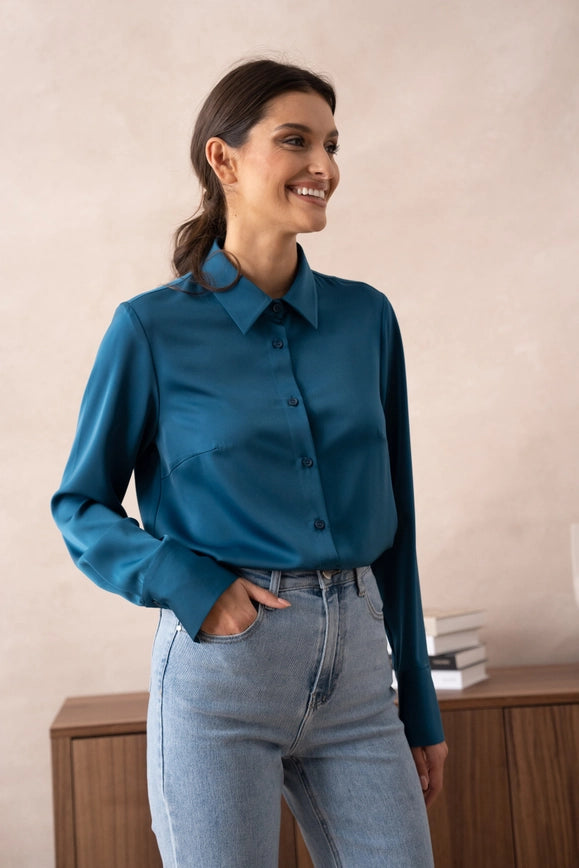 Plain Satin Shirt with Lapel Collar Duck Blue-SHIRT-Attentif Paris-S-Urbanheer