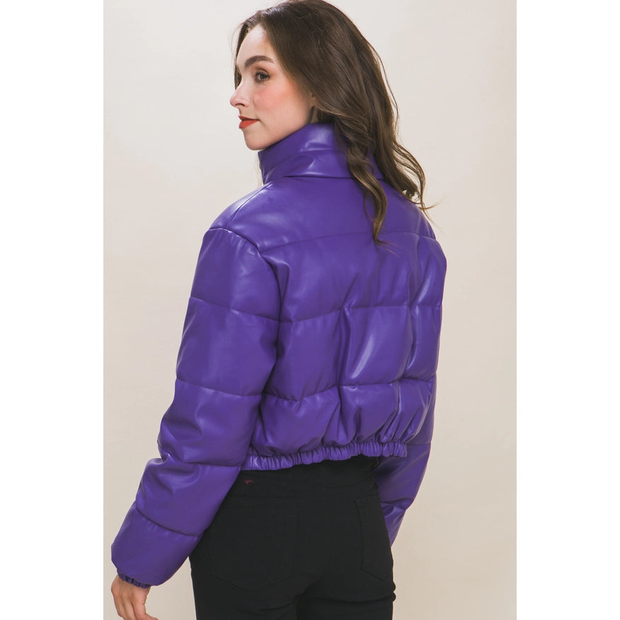 Faux Leather Puffer Jacket Purple-Jacket-Faith Apparel-Urbanheer