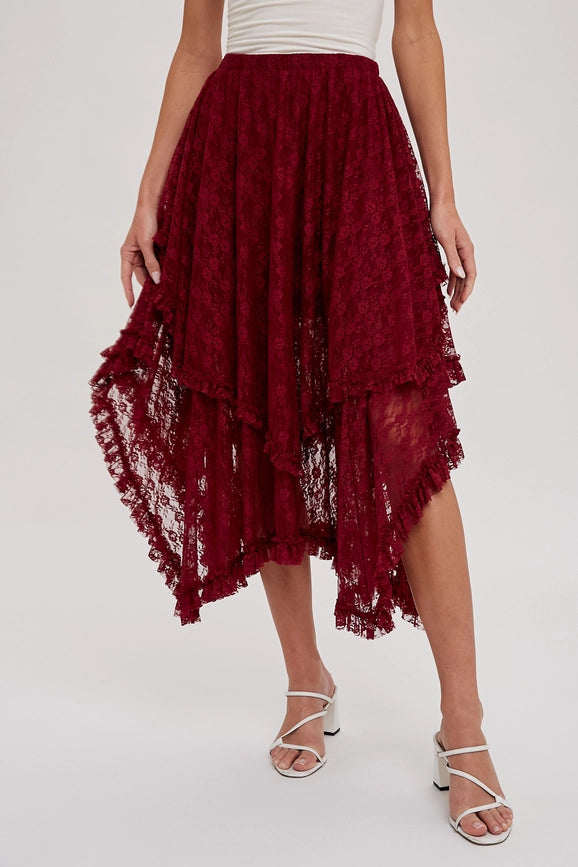 Lace Tier Midi Skirt BURGUNDY