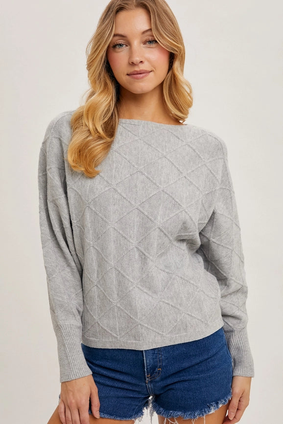 Long Sleeve Boat Neck Diamond Knit Sweater H GREY