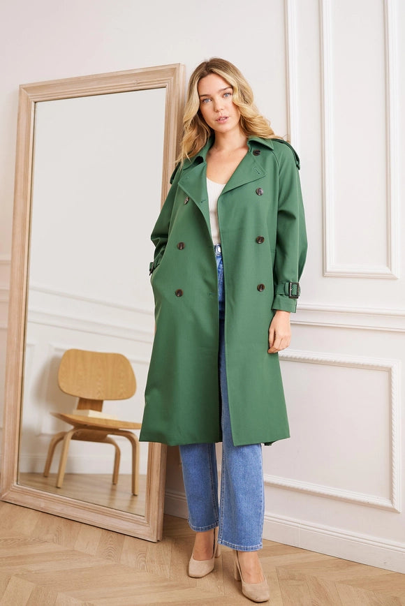 Long Trench Coat with Belt Green-COAT-Attentif Paris-S-Urbanheer