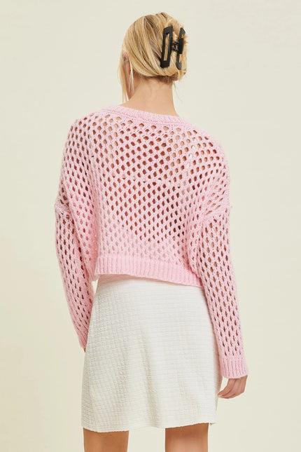 Open-Knit Fishnet Sweater Pink-Sweater-Baevely by Wellmade USA-Urbanheer