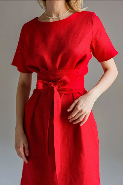 Wrap Linen Tie Belt Red Dress For Women Long With Pockets-Dress-Nich Linen-Urbanheer