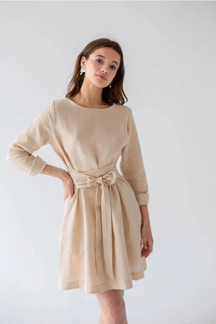 Wrap Linen Belted Beige Bridesmaid Dress For Women Mini-Dress-Nich Linen-Urbanheer