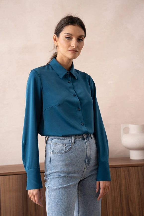 Plain Satin Shirt with Lapel Collar Duck Blue-SHIRT-Attentif Paris-Urbanheer