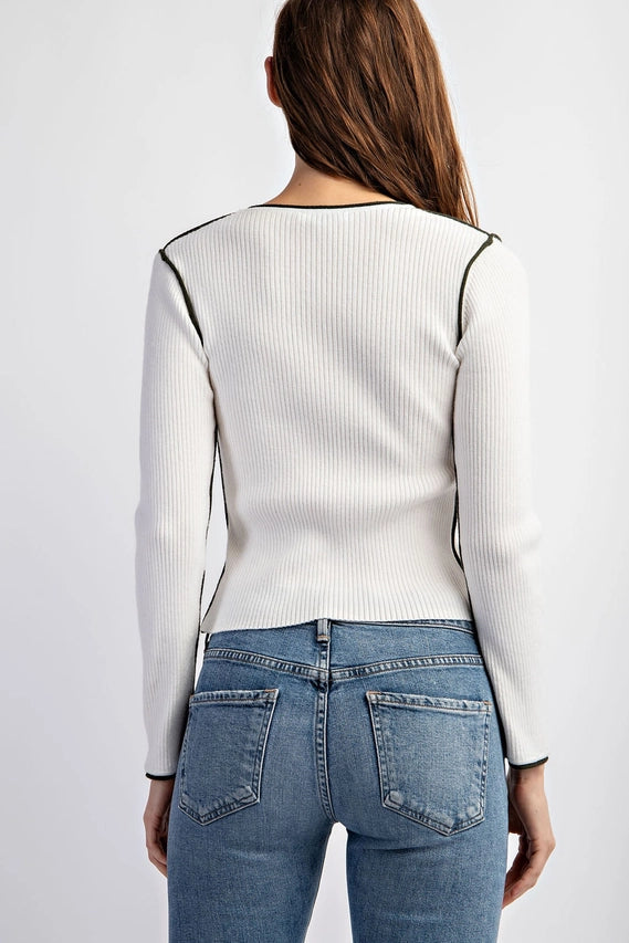 Contrast Edge Long Sleeve Sweater Top White/Olive-Sweater Top-EDIT by NINE-Urbanheer