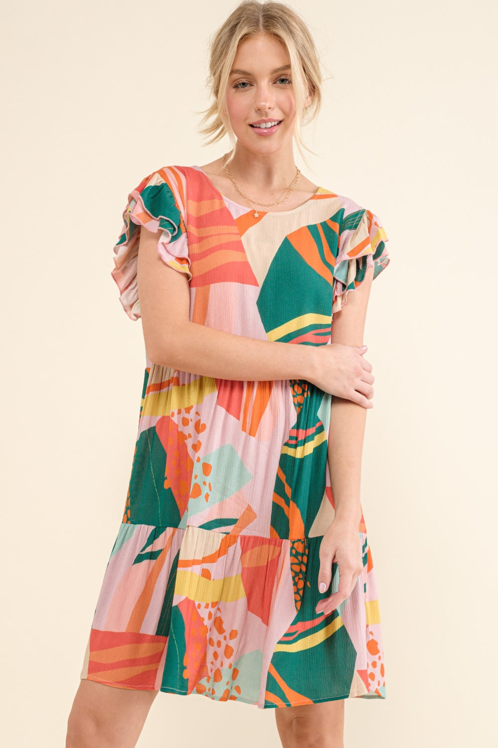 And The Why Printed Double Ruffle Sleeve Dress-UHX-GREENERY-S-Urbanheer