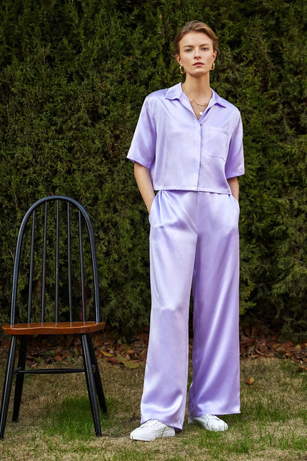 Short Sleeve Silk Pajamas Lilac-Pajamas-MommeSilk-Urbanheer