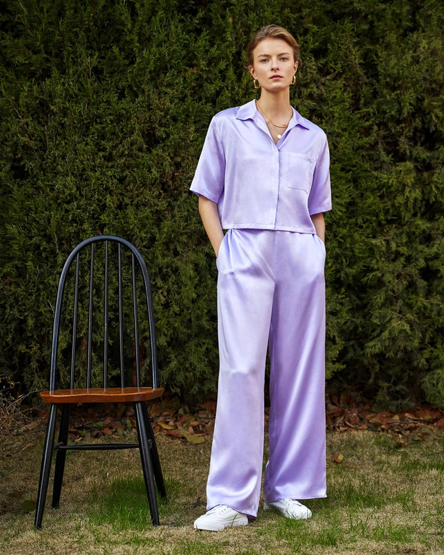 Short Sleeve Silk Pajamas Lilac-Pajamas-MommeSilk-Urbanheer