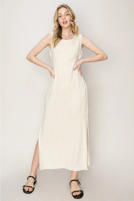 D-LINEN Blended Tie Waist Dress OATMEAL-Dress-HYFVE-M-Urbanheer