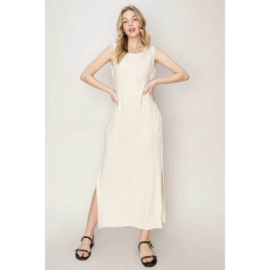 D-LINEN Blended Tie Waist Dress OATMEAL-Dress-HYFVE-M-Urbanheer