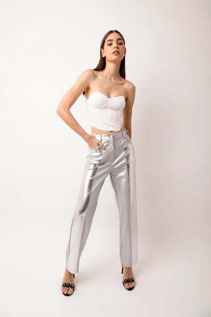 Lupe Faux Leather Metallic Straight Pant-Pants-Amy Lynn-S-SILVER-Urbanheer