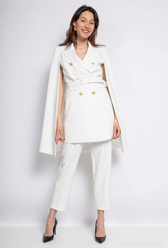 Mid-Length Cape Jacket with Belt White-Jacket-Attentif Paris-S-Urbanheer