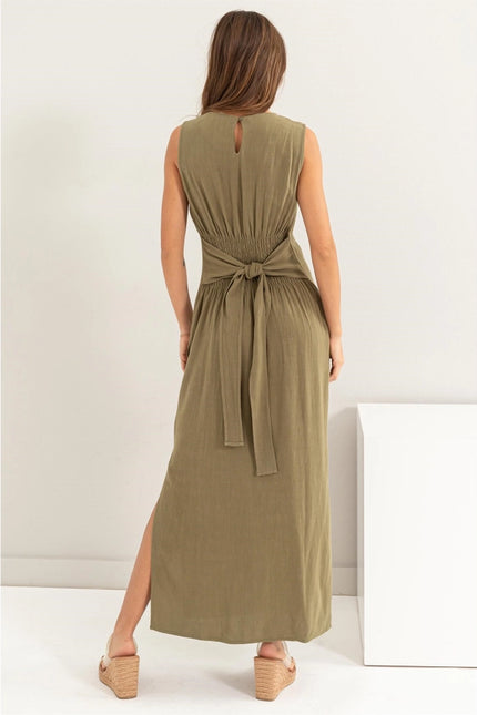 D-LINEN Blended Tie Waist Dress OLIVE-Dress-HYFVE-Urbanheer