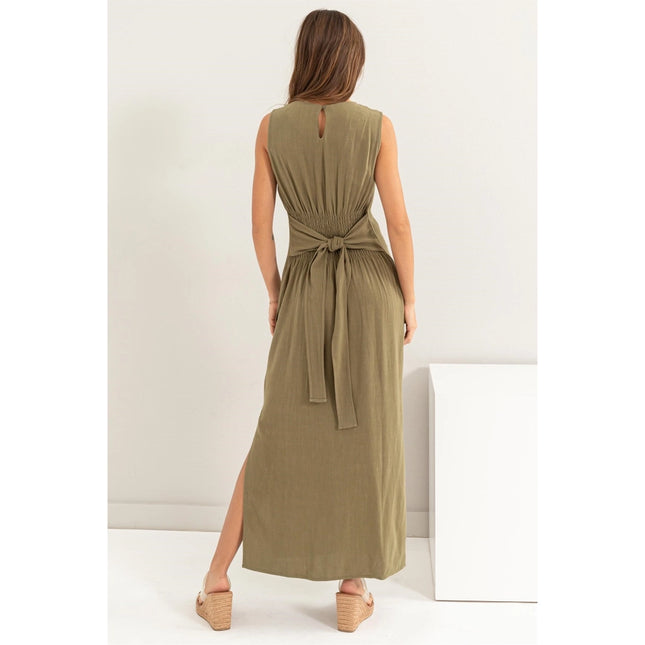 D-LINEN Blended Tie Waist Dress OLIVE-Dress-HYFVE-Urbanheer