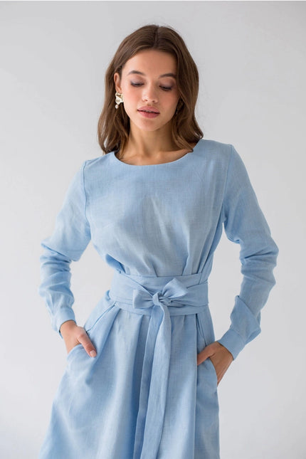 Linen Dress For Woman, Sky Blue Belted Dress For Women Mini-Dress-Nich Linen-Urbanheer