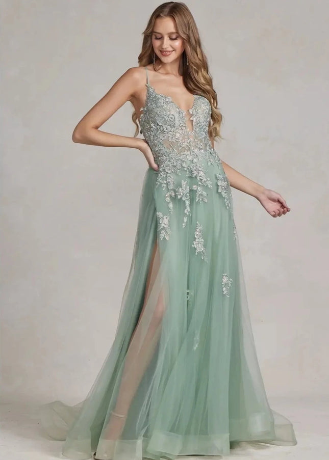 Embroidered Plunging V-Neck Prom Gown-Clothing - Women-Nox Anabel-Urbanheer