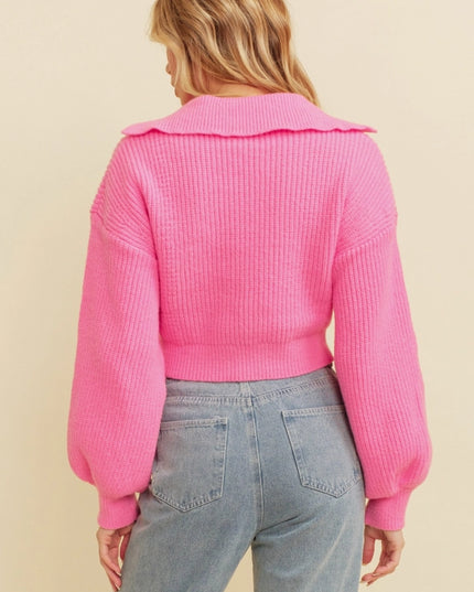 Ribbed Cropped Polo Sweater.-Sweater-Cloud Ten-Urbanheer