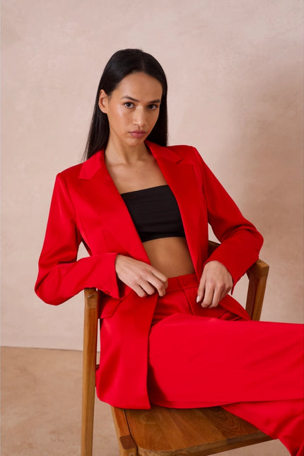 Satin Plain Fitted Jacket Red-Jacket-Attentif Paris-Urbanheer