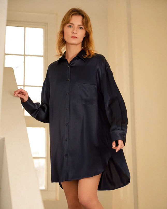 Classic Silk Nightshirt Navy Blue-Nightshirt-MommeSilk-XS-Urbanheer