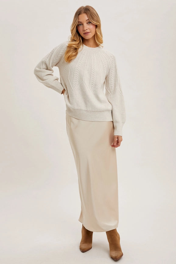 Long Sleeve Crew Neck Cable Knit Sweater OATMEAL