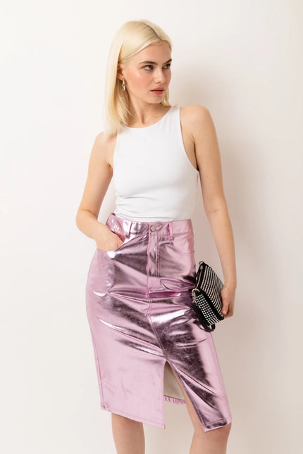 Lupe High Waist Metallic Knee Length Skirt Pink-Skirts-Amy Lynn-S-Urbanheer