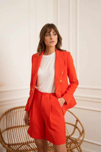 Timeless Fitted Blazer Jacket with Gold Double-Breasted Buttons Orange-Jacket-Attentif Paris-S-Urbanheer