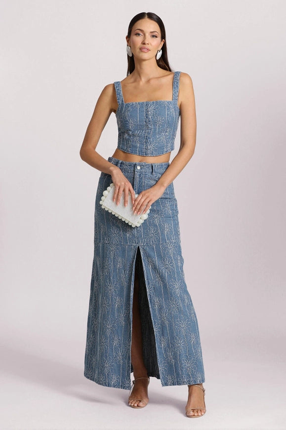 Embroidered Denim Maxi Skirt-Skirt-Avec Les Filles-Urbanheer