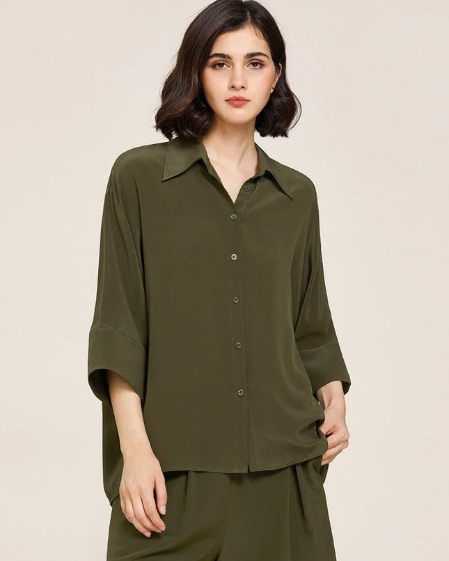 Weekend Oversize Silk Co-Ord Set Olive Green-Sets-MommeSilk-Urbanheer