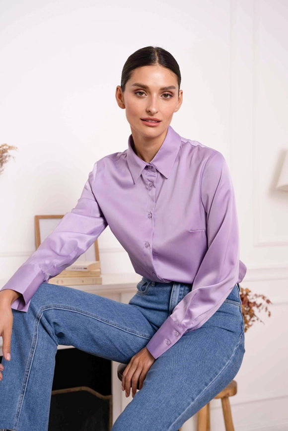 Plain Satin Shirt with Lapel Collar Lilac-SHIRT-Attentif Paris-S-Urbanheer