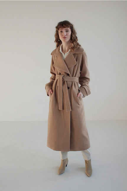 Camel Maxi Double-Breasted Italian Wool Coat With Collar-COAT-Nich Linen-Urbanheer