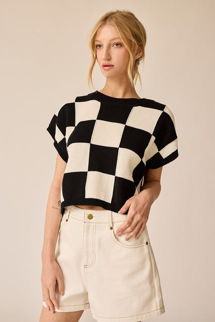 Hannah Loose Fit Checker Knit Top Black-TOP-Papermoon-Urbanheer