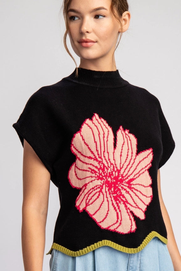 Flower Stitch Sweater Top BLACK