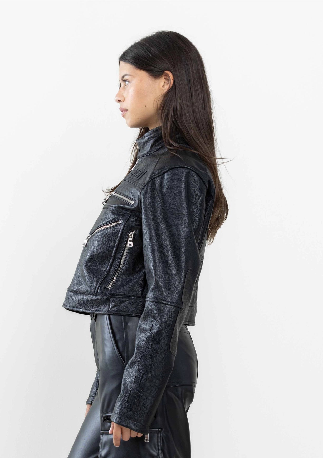 Leather Racing Cropped Jacket-Clothing - Women-Vibrant M.i.U-Urbanheer