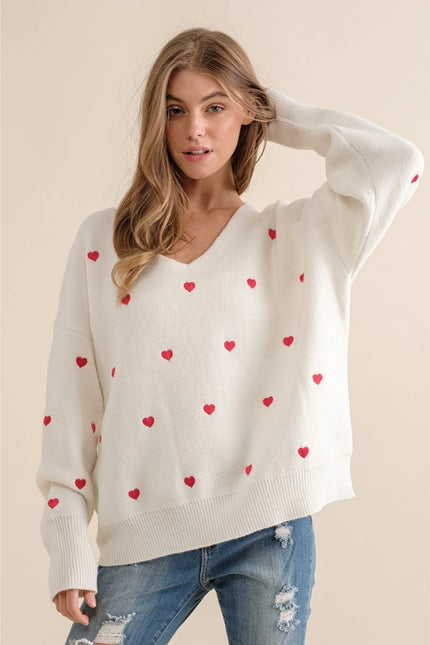 Plus Size Heart Pattern Boxy Knit Pullover Sweater White-SWEATER-Pink Irene Wholesale-Urbanheer