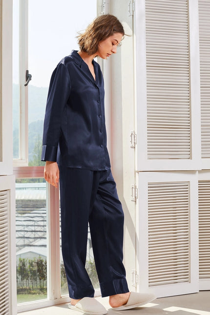 His & Hers Classic Silk Pajamas Navy Blue-Pajamas-MommeSilk-Urbanheer