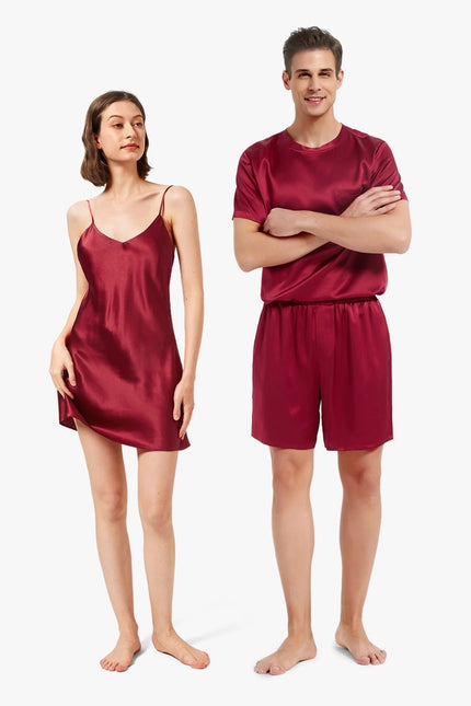 His & Hers Relaxed Silk Pajamas Claret-Pajamas-MommeSilk-Urbanheer