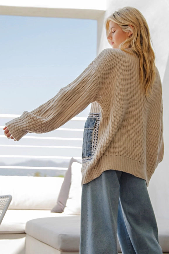 Button Down Cardigan with Denim Pockets