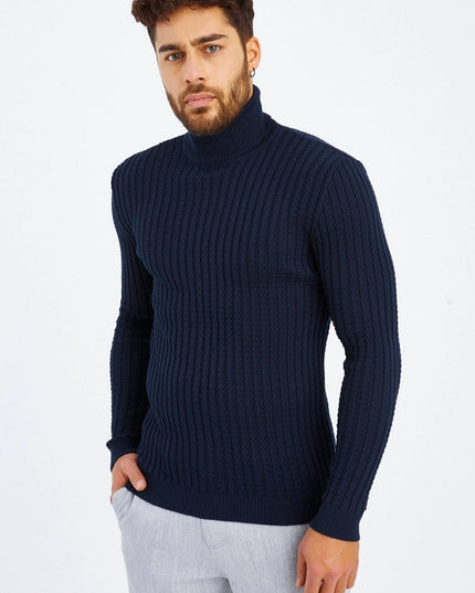 Men'S Knitted Fine Knit Turtleneck Pullover Blue-SWEATER-Leif Nelson GmbH-XXL-Urbanheer