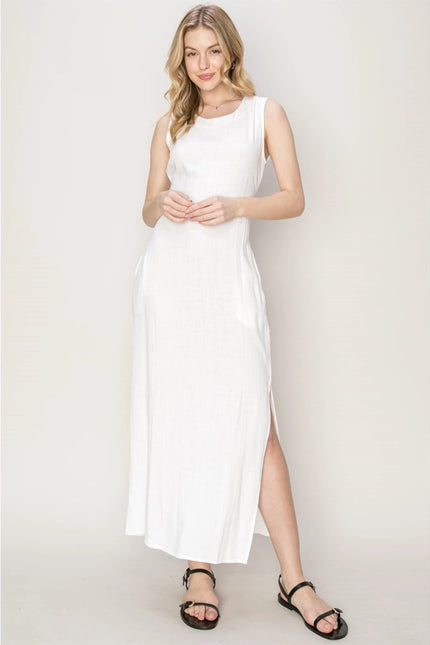 D-LINEN Blended Tie Waist Dress OFF WHITE-Dress-HYFVE-M-Urbanheer