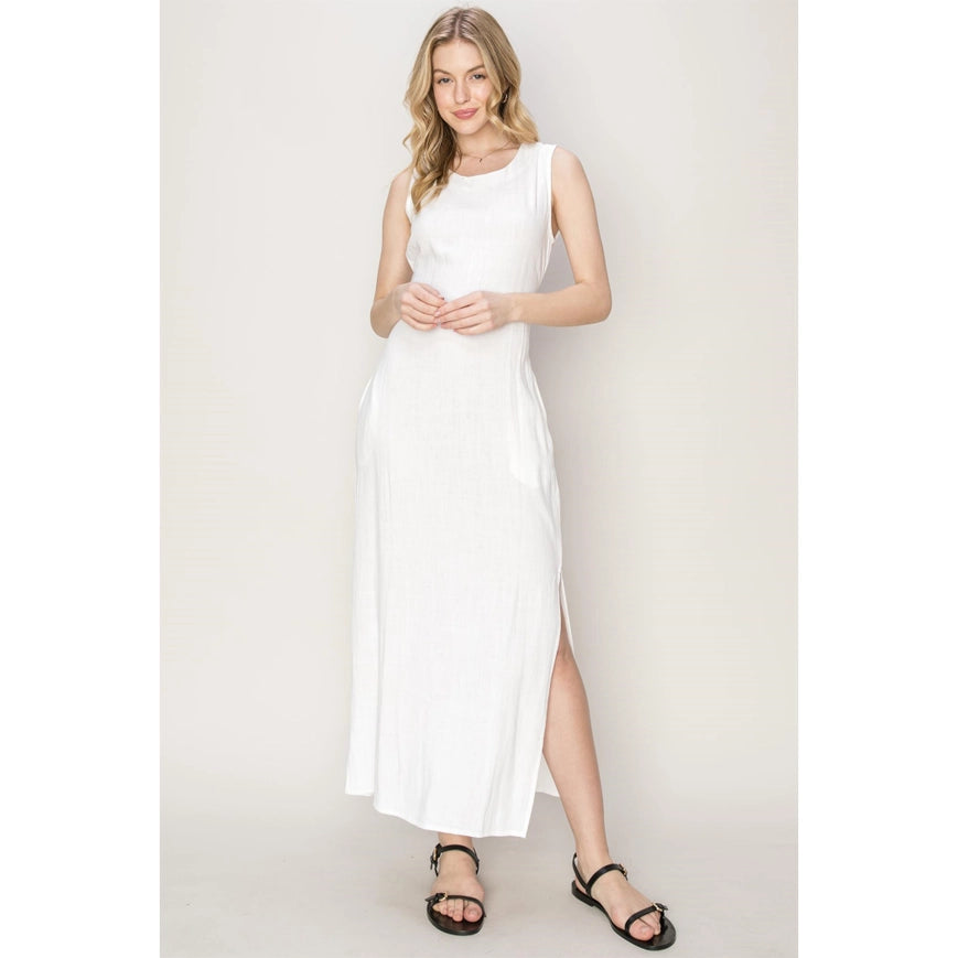 D-LINEN Blended Tie Waist Dress OFF WHITE-Dress-HYFVE-M-Urbanheer