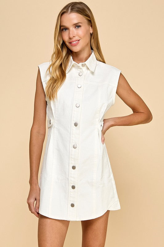 Two Toned Denim Sleeveless Button Up Dress