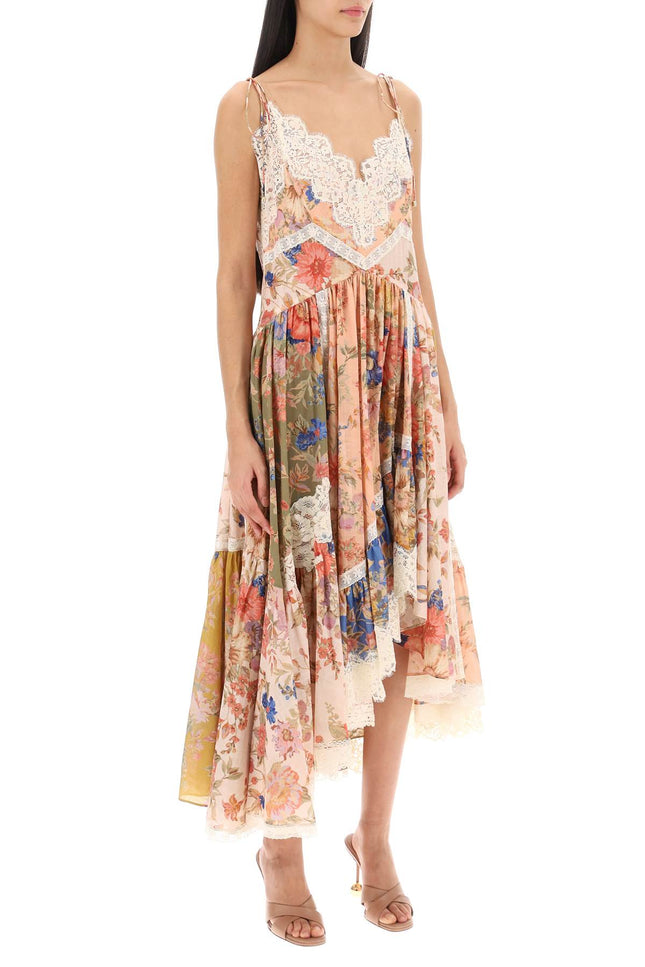 August Asymmetric Dress With Lace Trims - Multicolor
