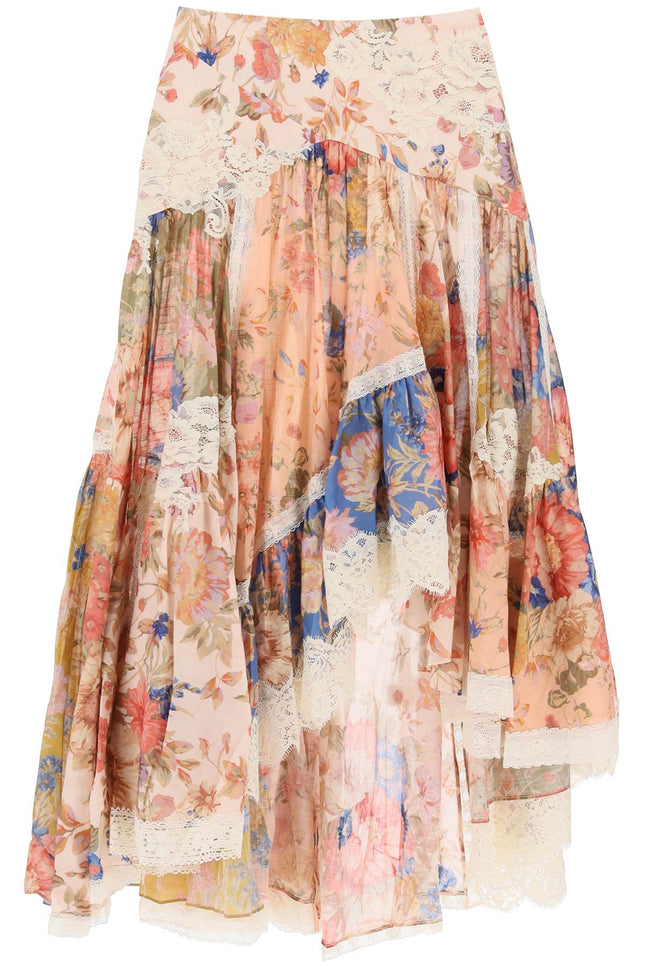 August Asymmetric Skirt With Lace Trims - Multicolor